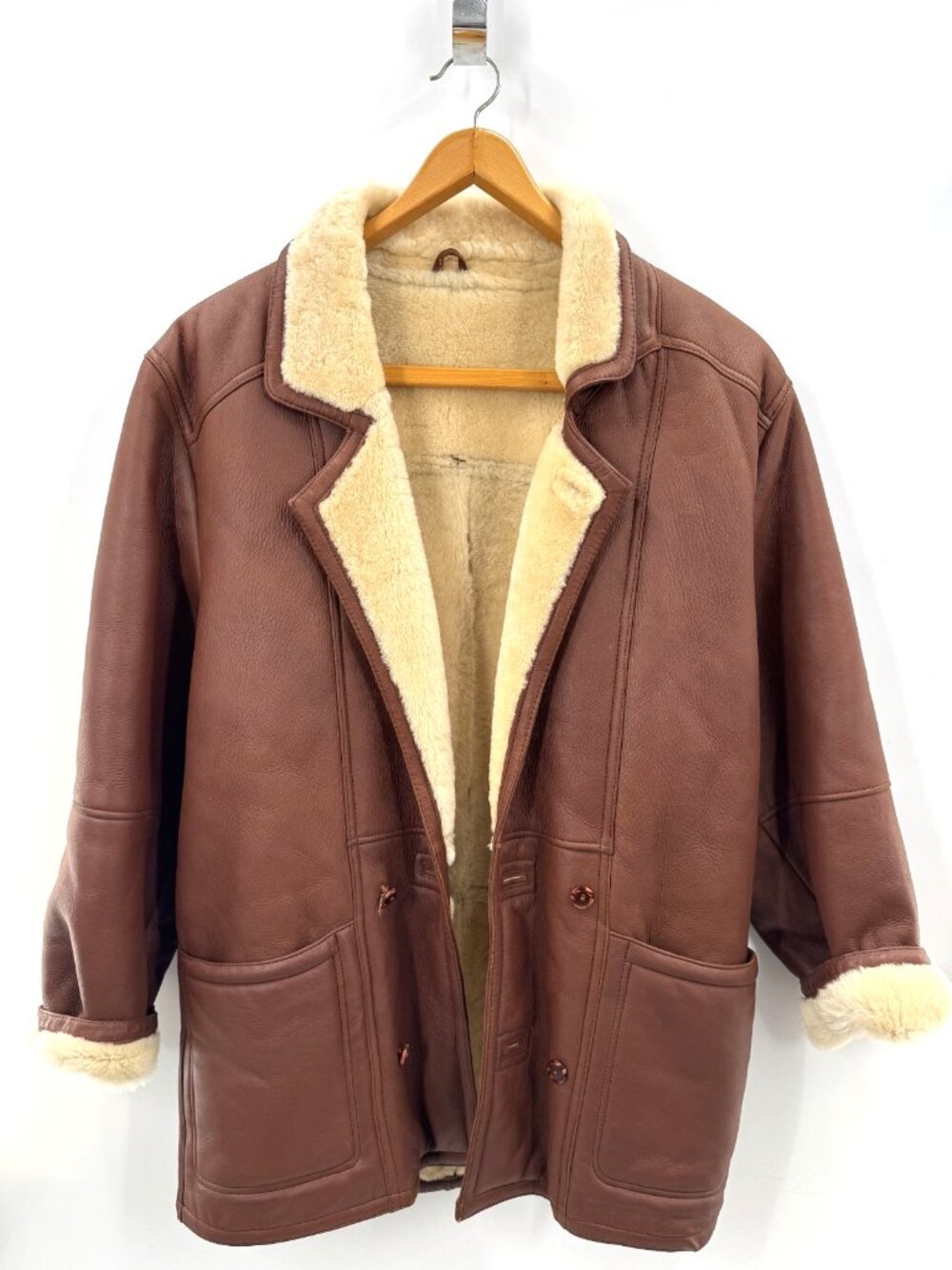 Vintage 80s Brown Cognac Leather Beige Shearling Sheepskin Jacket Coat Sz L